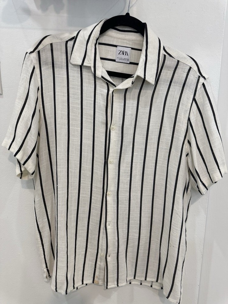ZARA Men's White/Black Striped Short Sleeve Button-Up Shirt Size S