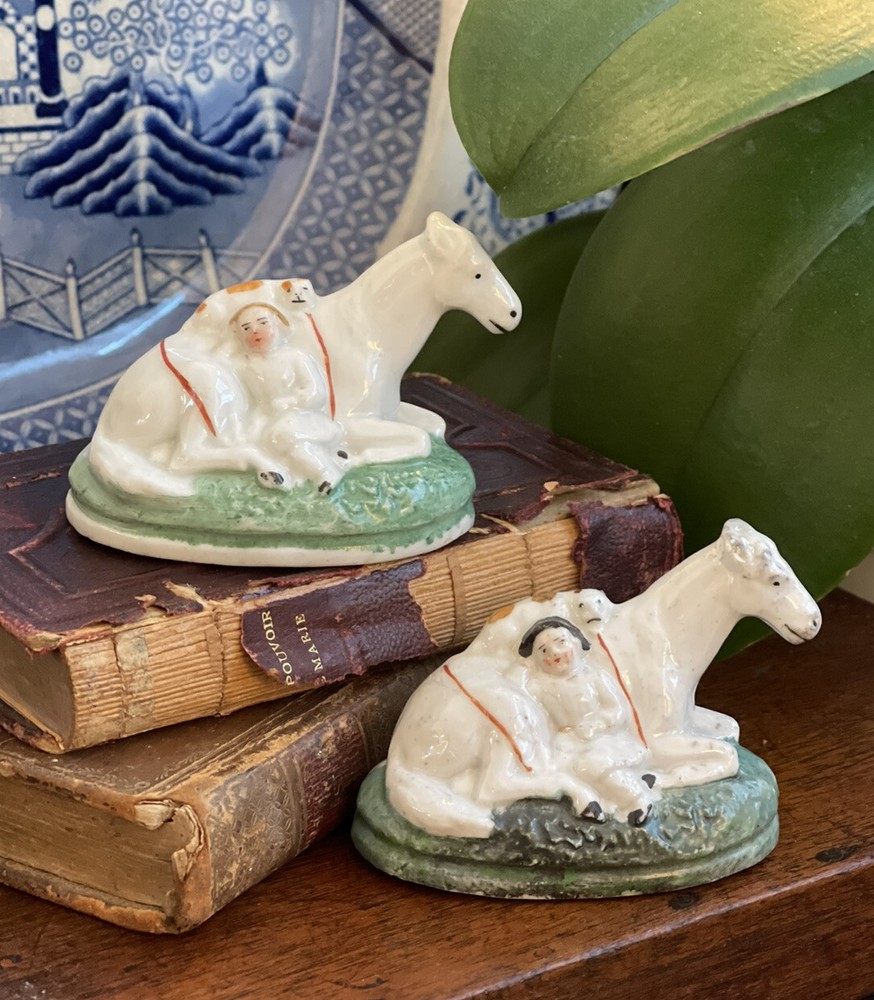 Set 2 Rare 19C English Staffordshire Equestrian Sleeping Child Spaniel Horse 2”