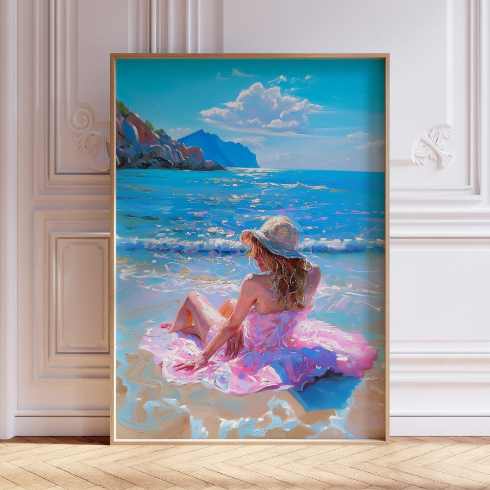 Serene Beach Scene With Woman In Hat  Coastal Art Print  Ocean View Wall Decor