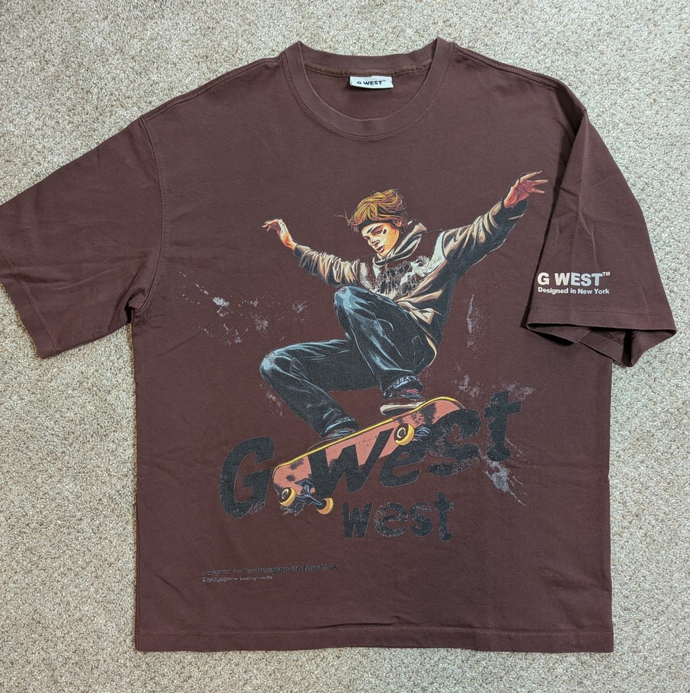 G West Graphic Skate T Shirt Men’s 2XL Heavyweight Oversized Brown Tee