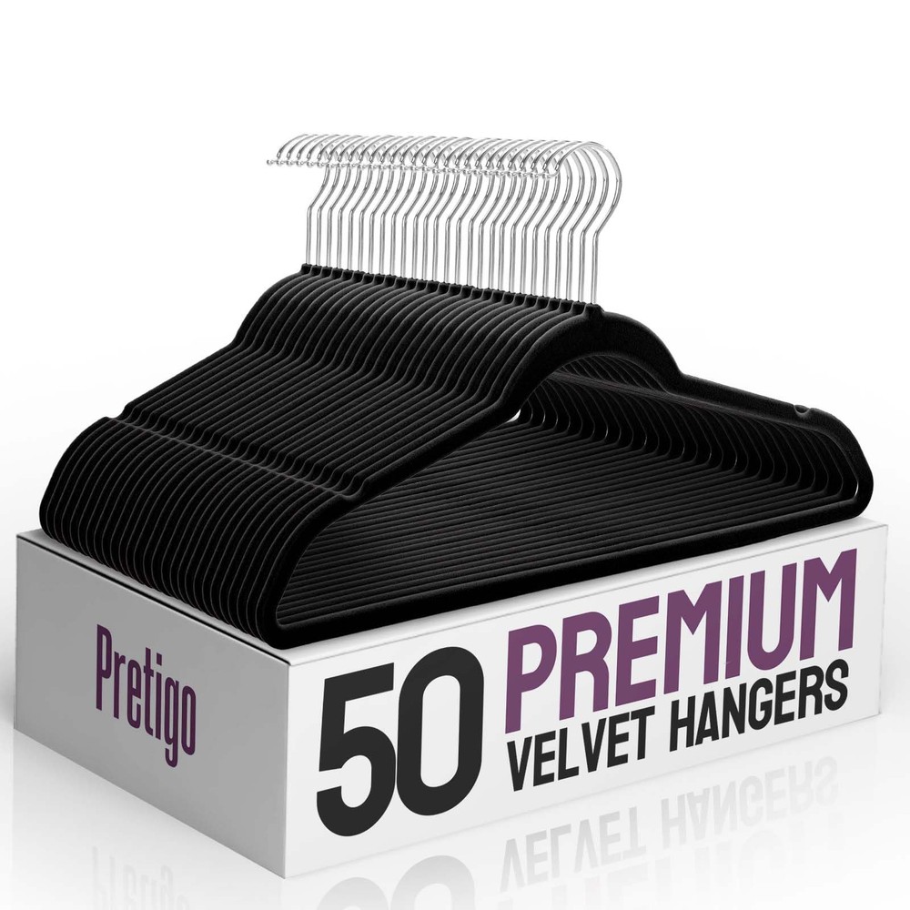 50-Pack Black Velvet Hangers - Non-Slip, Space-Saving Premium Closet Organizers
