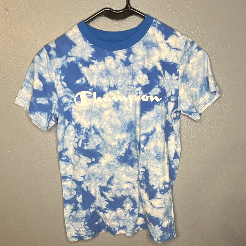 Champion Boy’s Blue/White Tie-Dye Logo Crew Neck Short Sleeve T-Shirt M