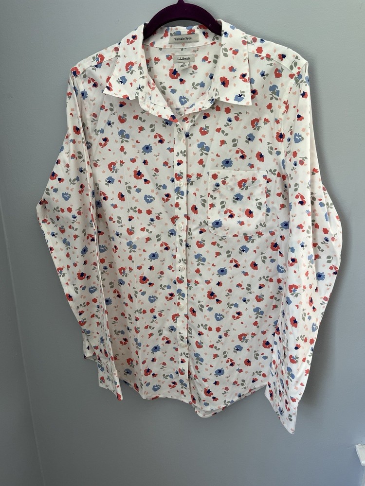 LL Beans Women's Size M Button Up Shirt Long Sleeve multicolor Floral Wrinkle Fr