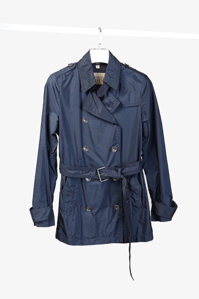 Burberry Brit Navy Double-Breasted Belted Short Rain Coat, Size M