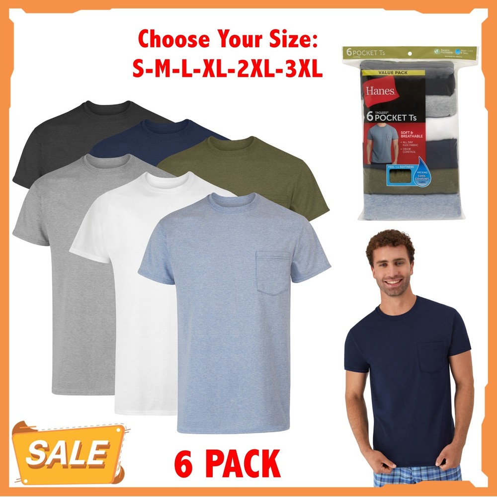 Hanes 6-Pack Pocket Tee Men's T-Shirt Soft and Breathable Assorted