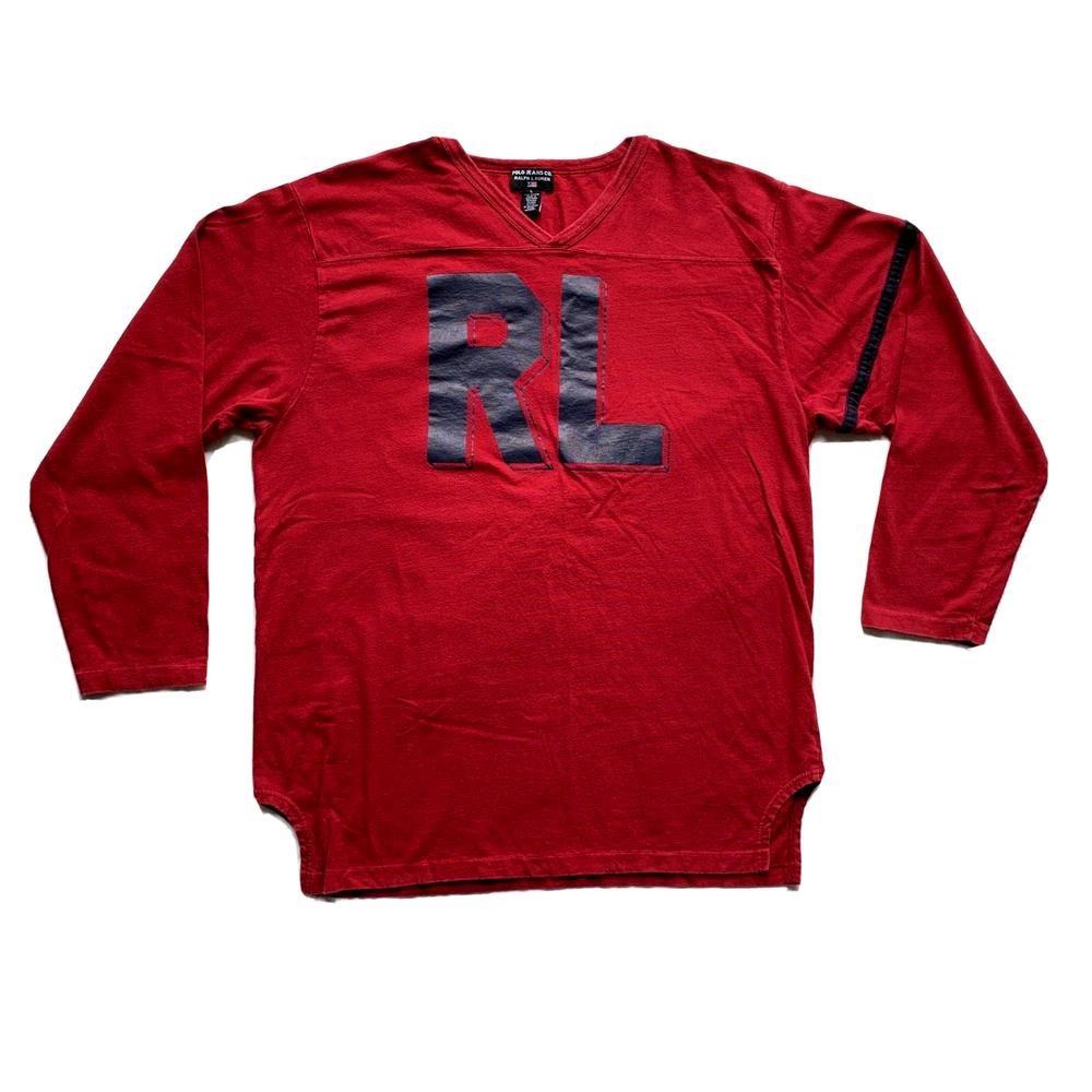 Vintage Ralph Lauren Polo Jeans T Shirt Mens Large Red Long Sleeve V Neck Logo
