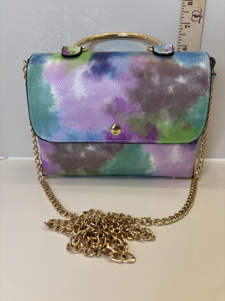 Multi Colored Tie-Dyed Crossbody With Gold Chain Shoulder Strap & Handle Vegan