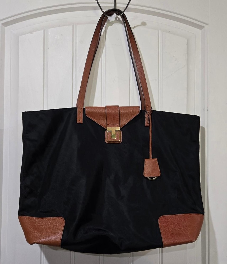 Tory Burch Mini Penn Tote Black Nylon And Brown Leather Accent-READ