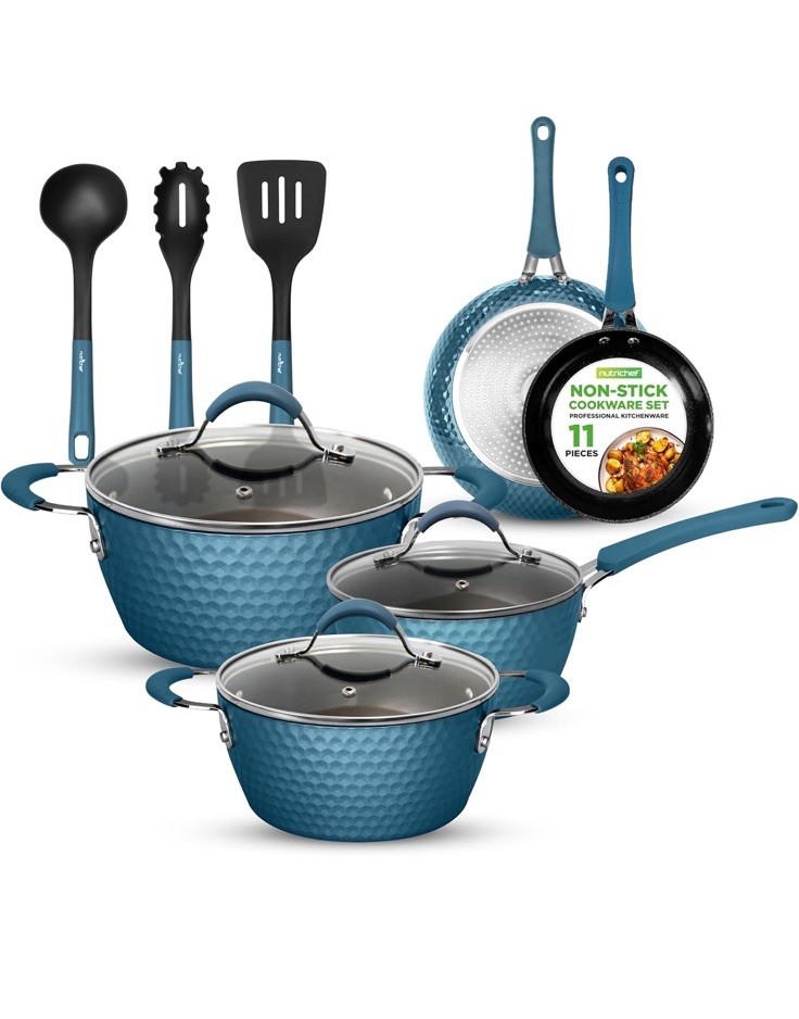 NutriChef 11 Pc Ceramic Cookware Set - Excilon Blue Diamond, Nonstick,