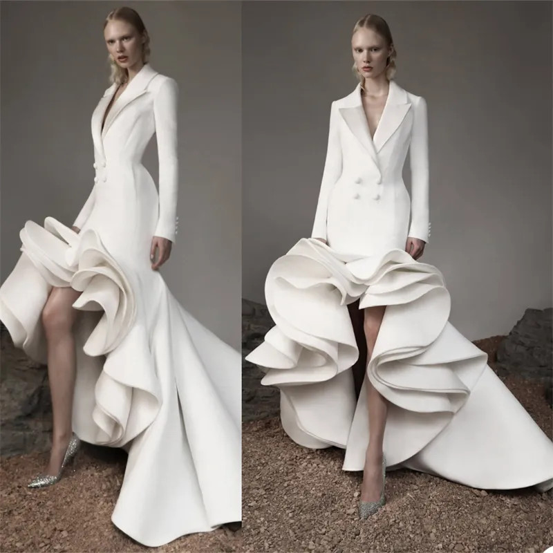 Formal Women Suit Evening Dresses Double Breasted Deigner Satin Prom Gown V Neck