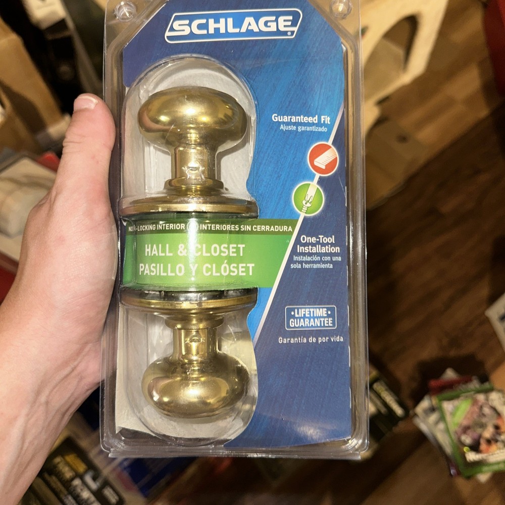 Schlage Bright Brass Interior Door Knob for Hall or Closet Non-Locking