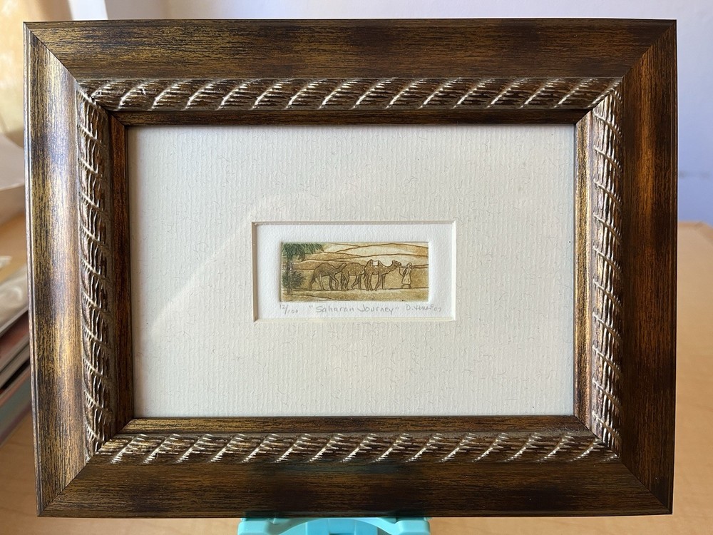 Original Miniature Framed Hand Watercolored Etching Titled “Saharan Journey”