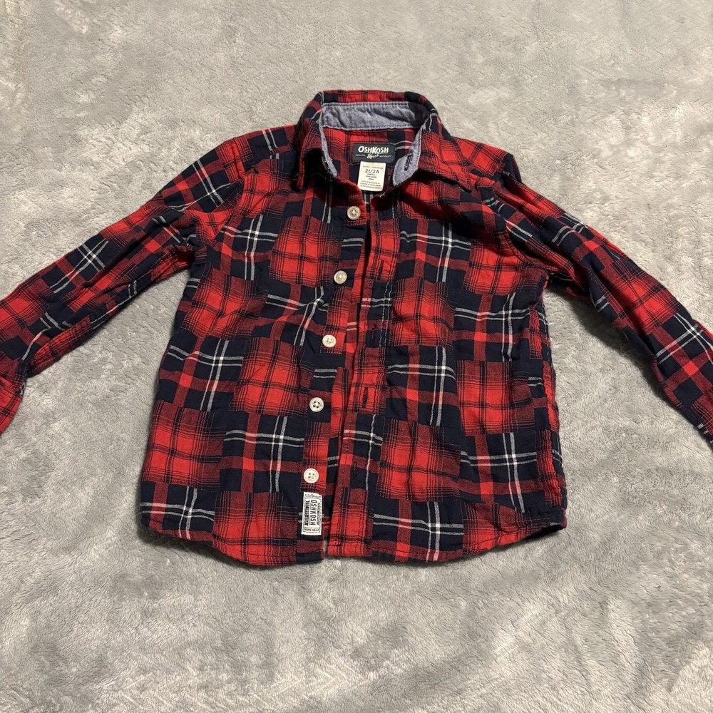 OshKosh B'gosh Kids Plaid Flannel Shirt Size 2T Red Blue Button Up