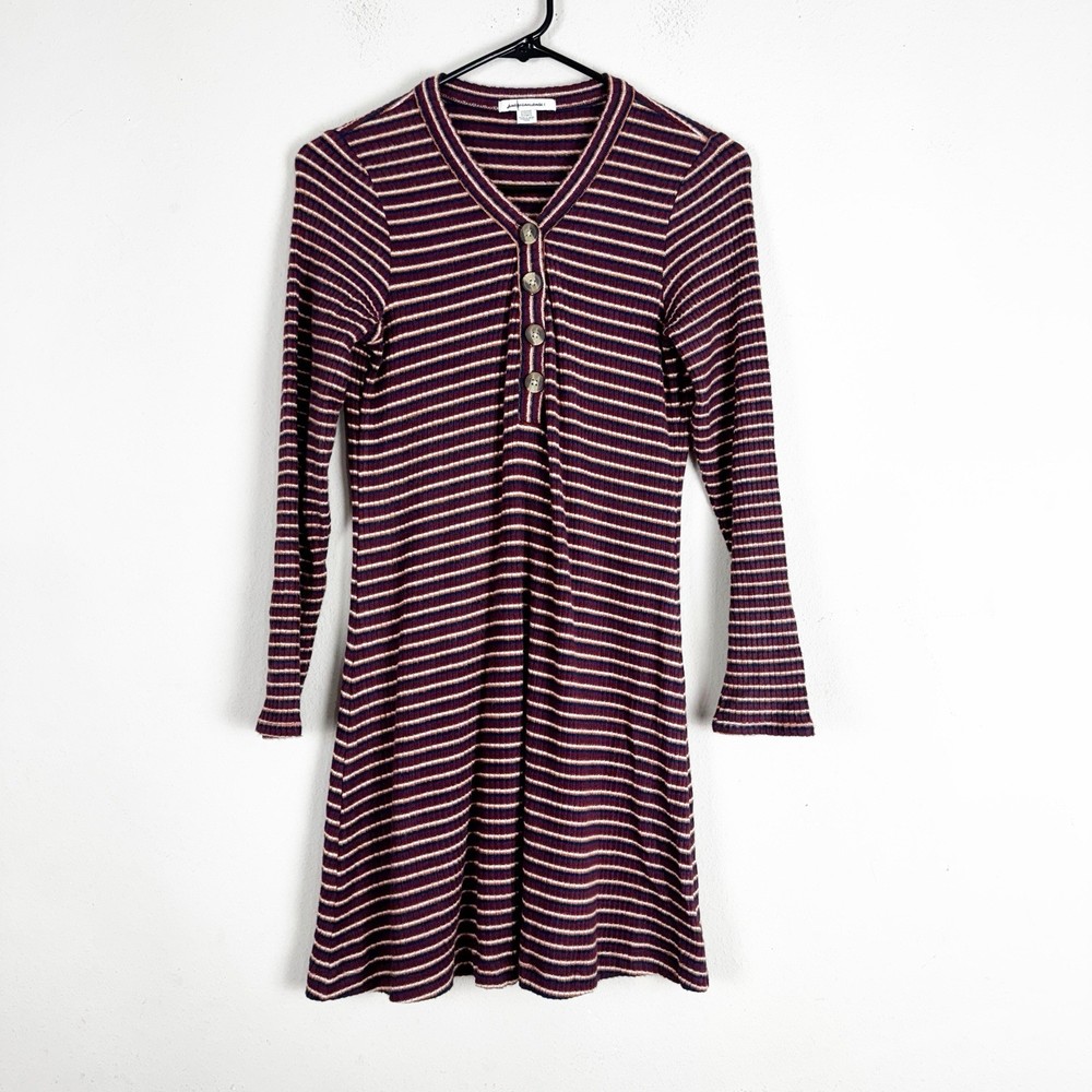 American Eagle Women's Striped Henley Sweater Dress Size M Petite Merlot Red