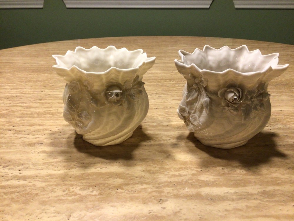 VTG Belleek Ireland Porcelain Cream FLOWER POT VASE Applied Rose Swirl set of 2