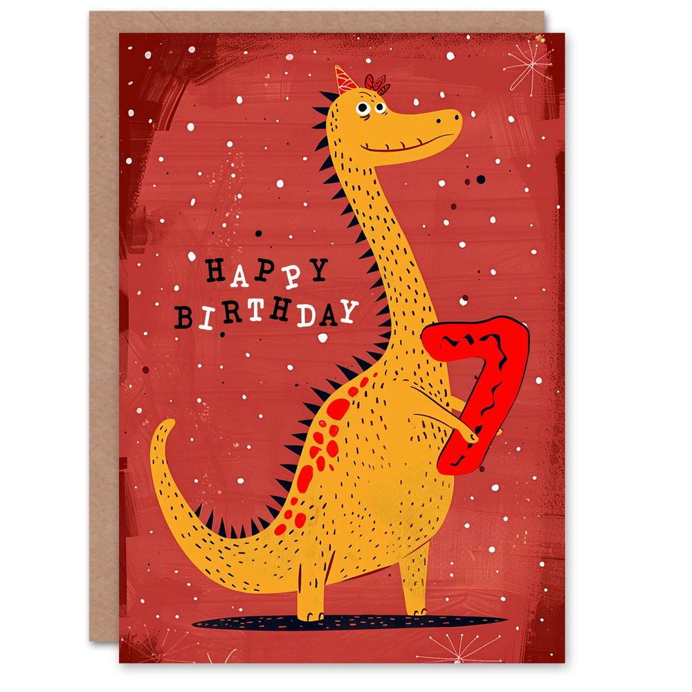 Birthday Card Spiky Yellow Red Dinosaur Cartoon Cute 7th 7 Year Old Child Kids