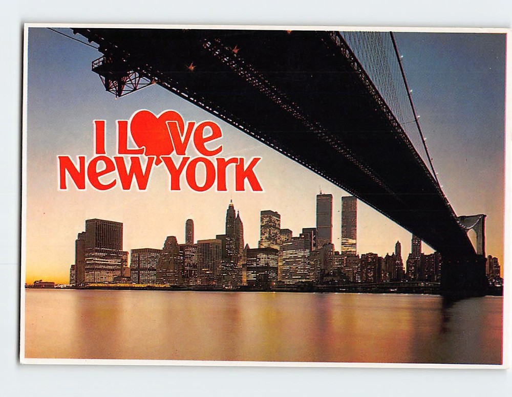 Postcard Brooklyn Bridge At Night & Lower Manhattan Skyline NYC NY USA