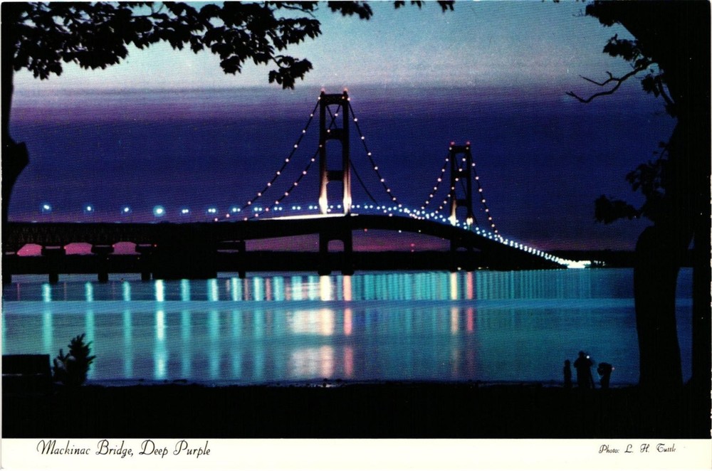 Mackinac Bridge Deep Purple Night Lights Michigan Postcard Hiawatha Photo L.H