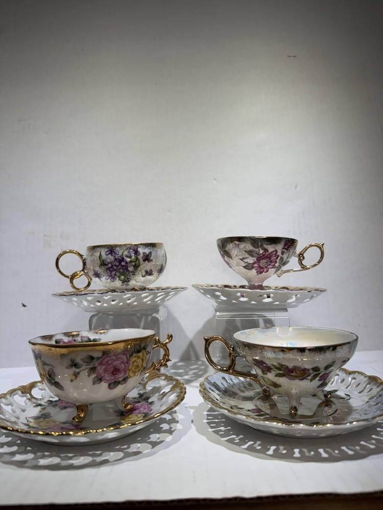 Set 4 Vintage Japan Tea Cups & Saucers Floral Gold – 1 Royal Sealy Marked