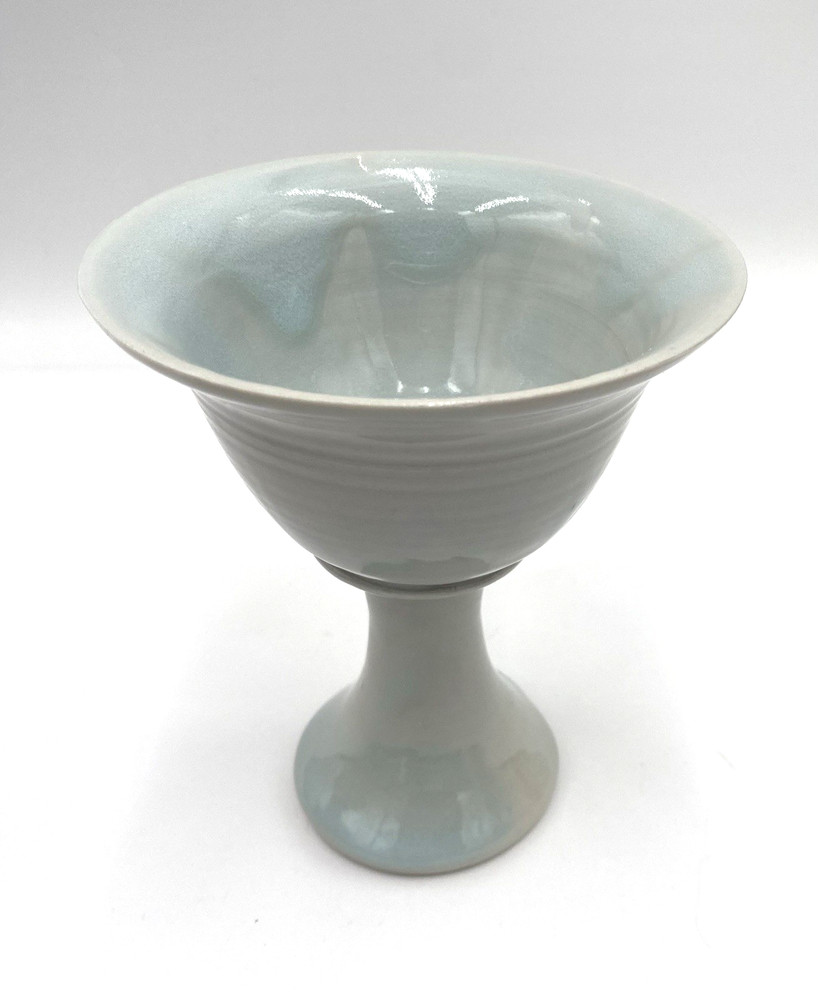 Studio Pottery Pedestal Chalice/Goblet/Cup, Light Blue Drip Glaze, Signed