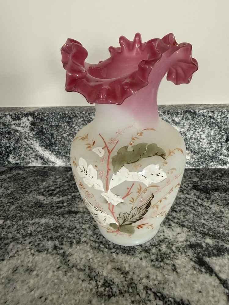 Vintage Fenton (?) Hand Painted Pink Ruffle Top Vase