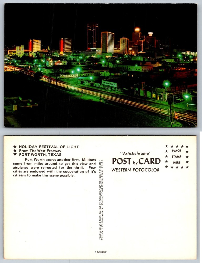Fort Worth TX Holiday Festival of Light Night Skyline West Freeway Postcard