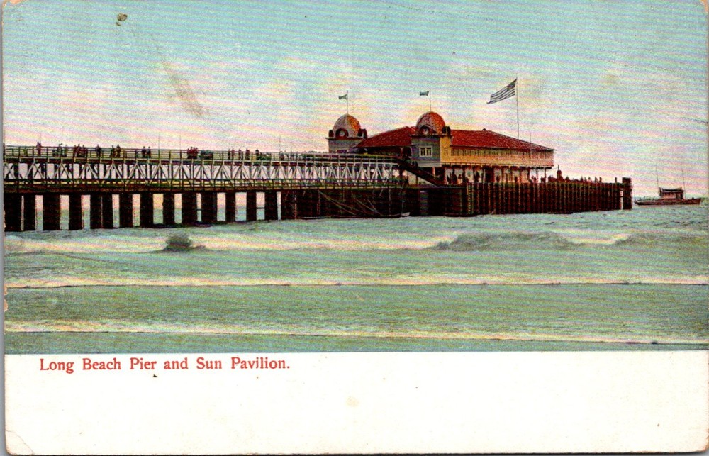 Long Beach CA-California, Pier, Sun Pavilion, Antique Vintage Postcard