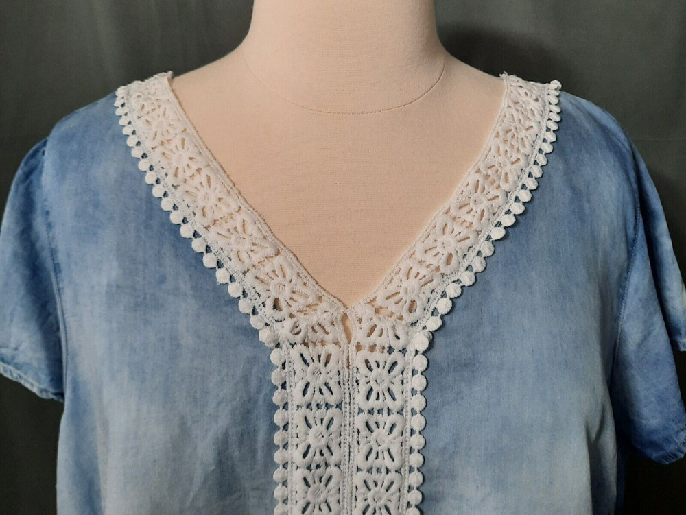 Chambray Top Womens 2X Crochet Lace Tie Back Tencel Boho Coastal Beach Comfort