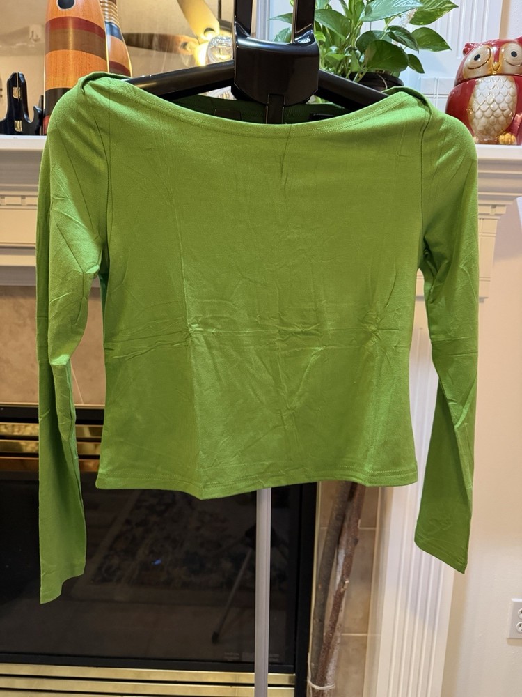 Busysky Green Knit Boat Neck Long Sleeve Pullover T-Shirt S Women Solid