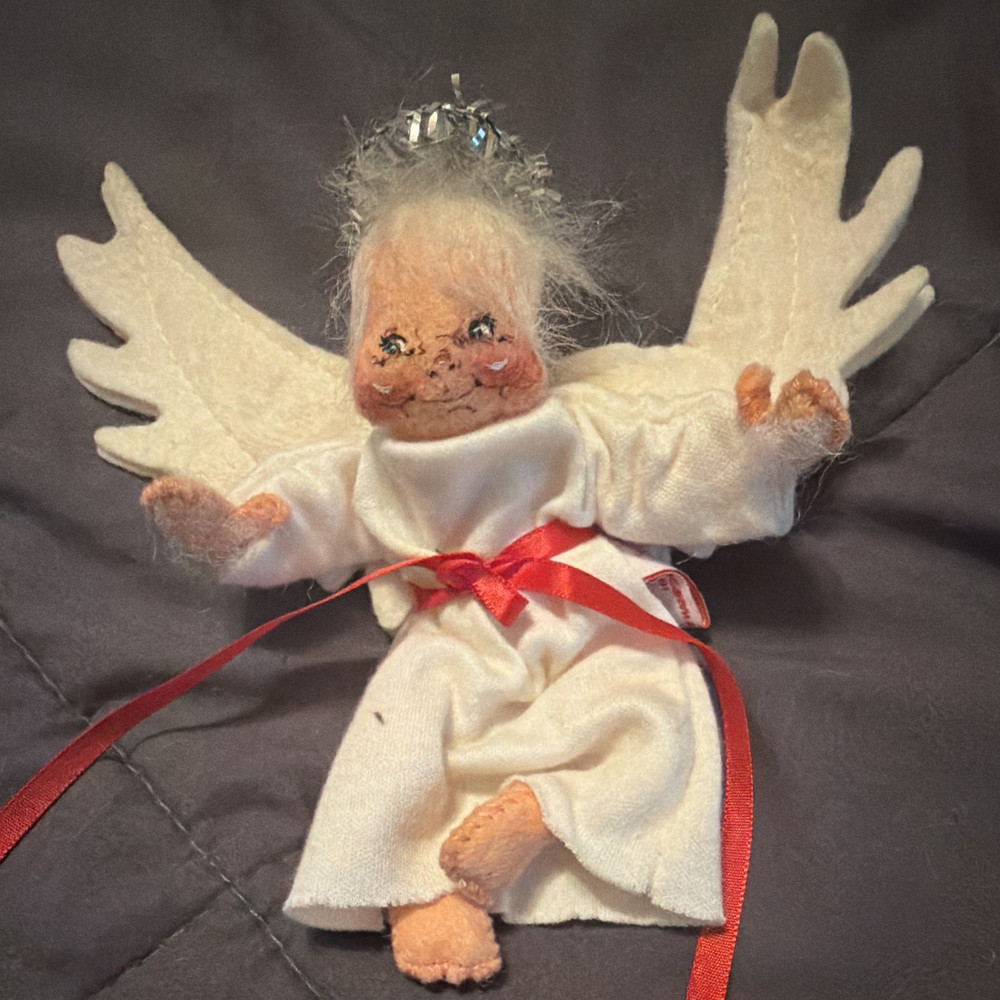 Fabric Angel Figurine White Robe Red Ribbon 3D Effect Religious Christmas