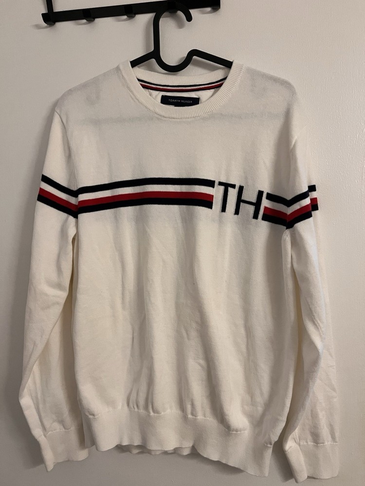 Tommy Hilfiger Men’s Crewneck Cotton Sweater Striped White Red Blue Size M