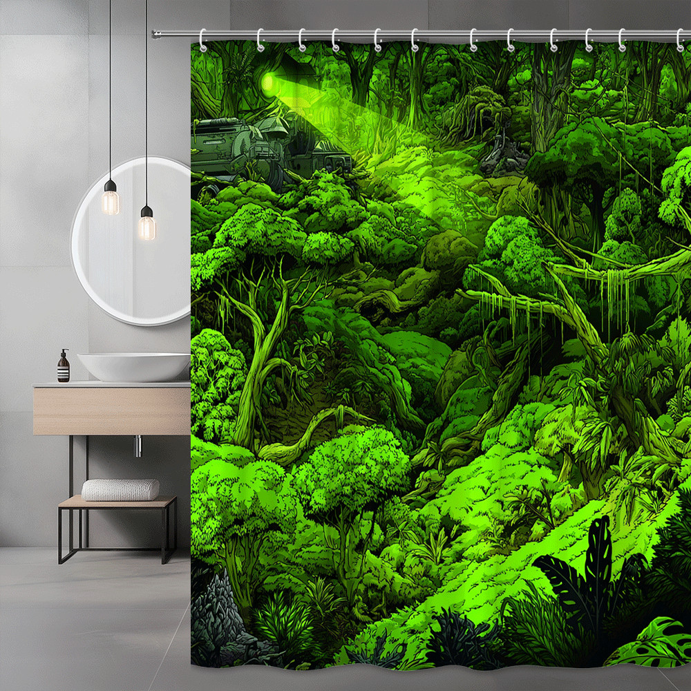 Green Forest Jungle Scene Shower Curtain, Tropical Nature Print