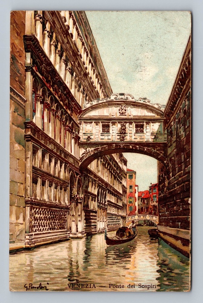 Italy- Venice Bridge Of Sighs Canal Gondola Post Old Card View Vintage Postcard
