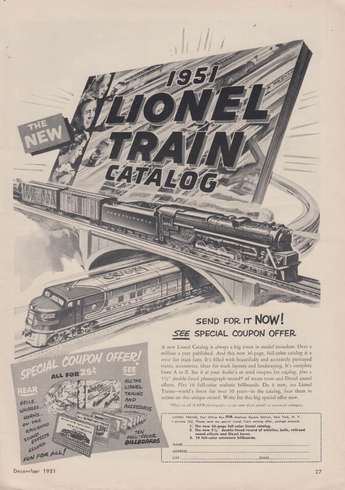 Send for it now: Lionel Electric Trains ad 1951 turbine loco; SFRR diesel &c