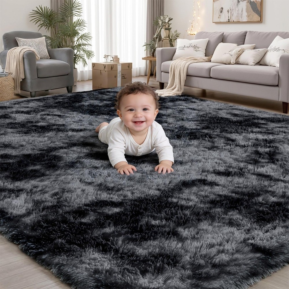 8x10 Area Rugs for Living Room Bedroom: Black Grey Soft Fluffy Shag Upgrade N
