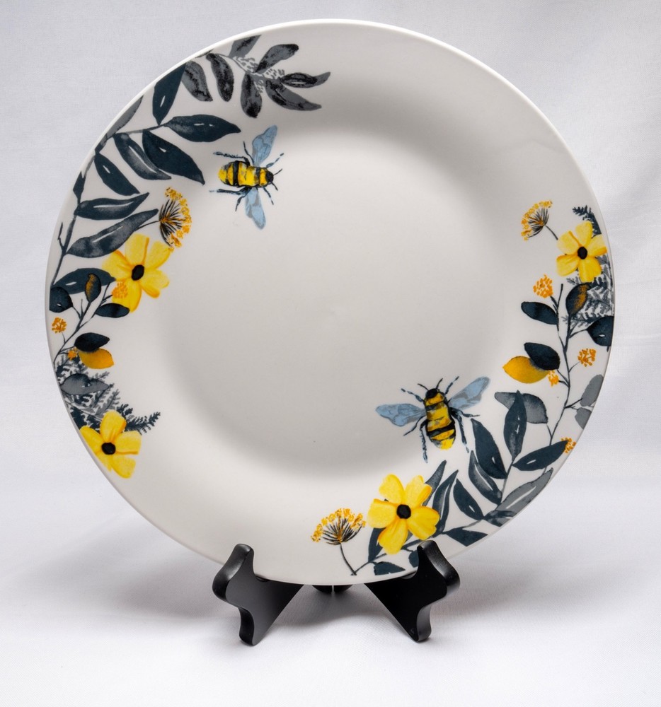 Royal Norfolk Bee Floral Dinner Plates Set of 4 Yellow Gray Stoneware
