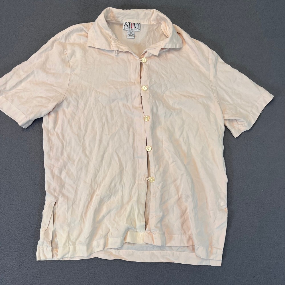 Vintage Stunt Collections Womens Small 100% Silk Shirt Pink Button Up Chest Pkt