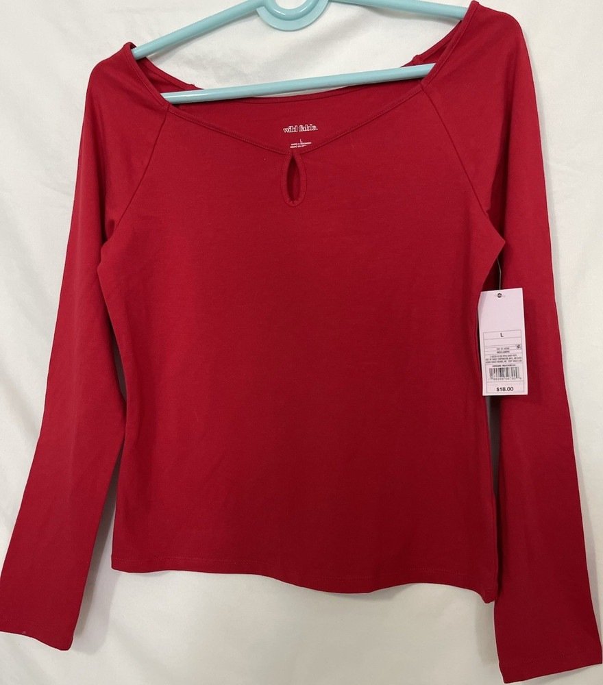 Wild Fable Red Knit Keyhole Scoop Neck Long Sleeve Stretch Top Cotton Modal L