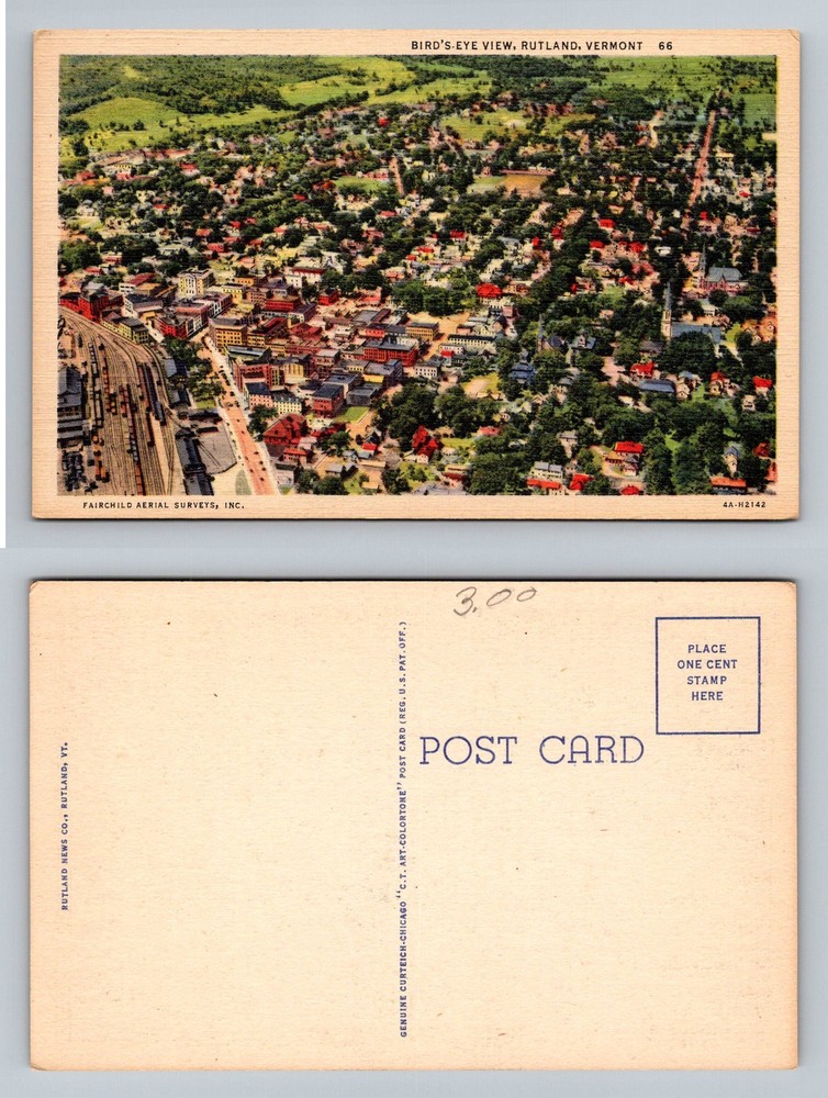 Rutland, VT-Vermont, Aerial Birds Eye Scenic Town View Vintage Postcard