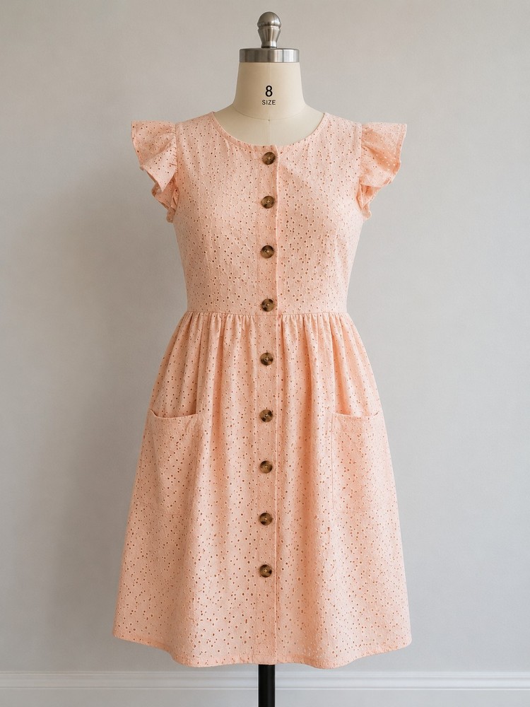 Little Lass Peach Eyelet Flutter Sleeve A-Line Girls Dress Size 8