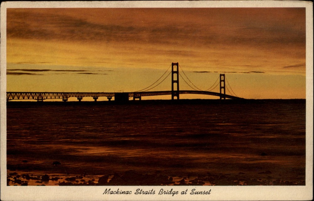Mackinac Straits Bridge Mackinaw City Michigan vintage postcard d694