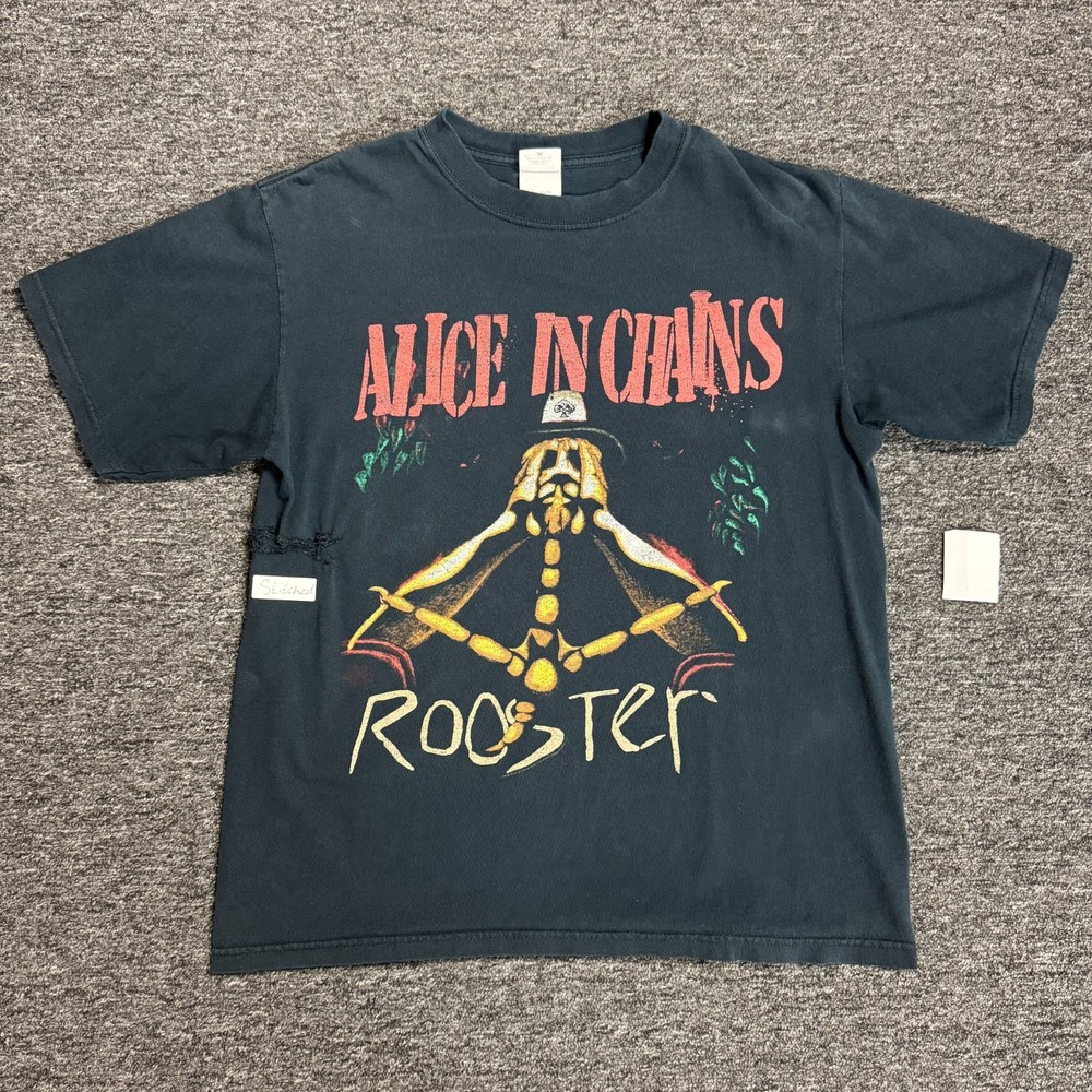 Vintage Y2K Alice In Chains Grunge Band Rooster T-Shirt M Black Faded 2004