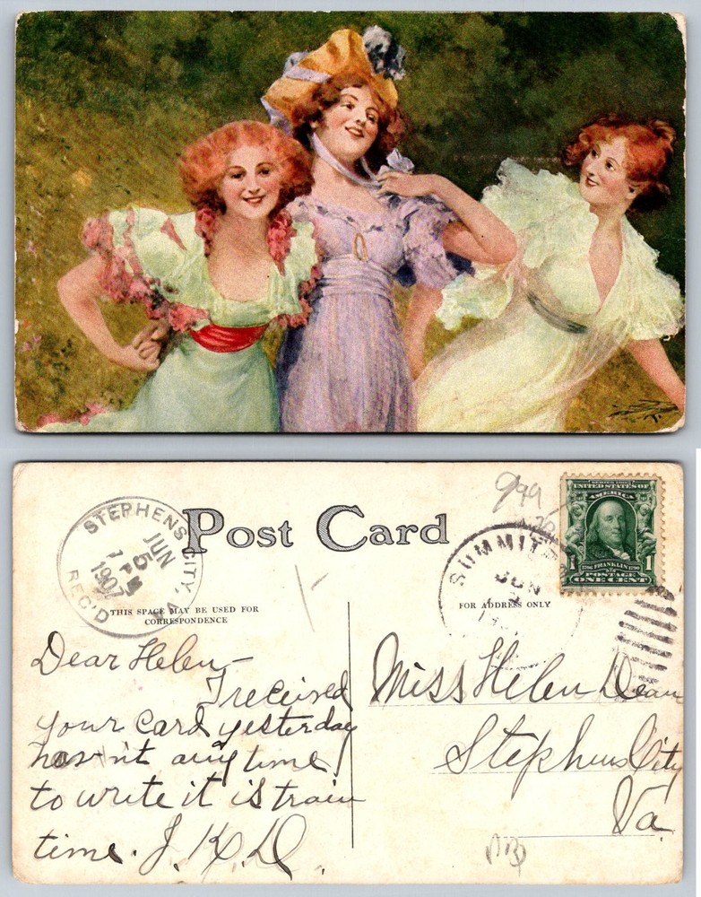 1907 Edwardian Women Postcard - Summit NJ to Stephens City VA - Vintage Art