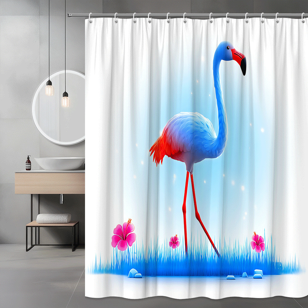 Flamingo Shower Curtain Blue Pink Tropical Bird Print