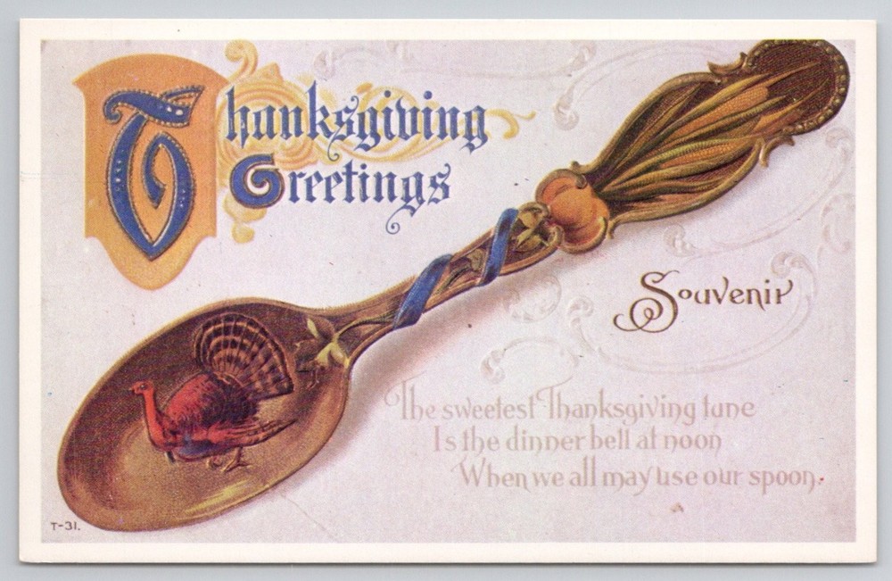 Vintage Thanksgiving Greetings Souvenir Spoon Turkey Embossed Postcard T-31
