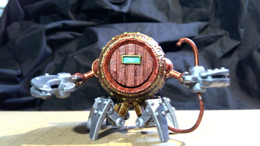 Resin 3D printed 62mm miniature barrel crab automaton, keg with legs.