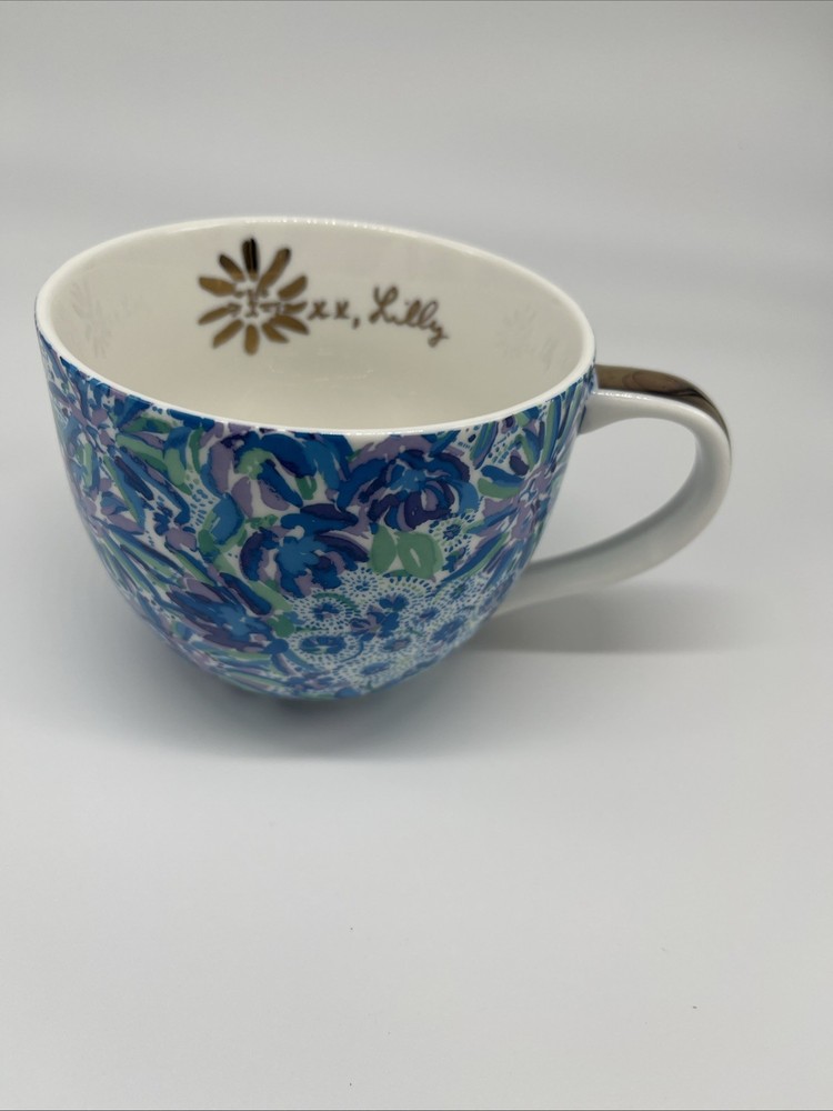 Lilly Pulitzer Coffee Mug 12oz Blue Floral Gold Handle Tea Cup