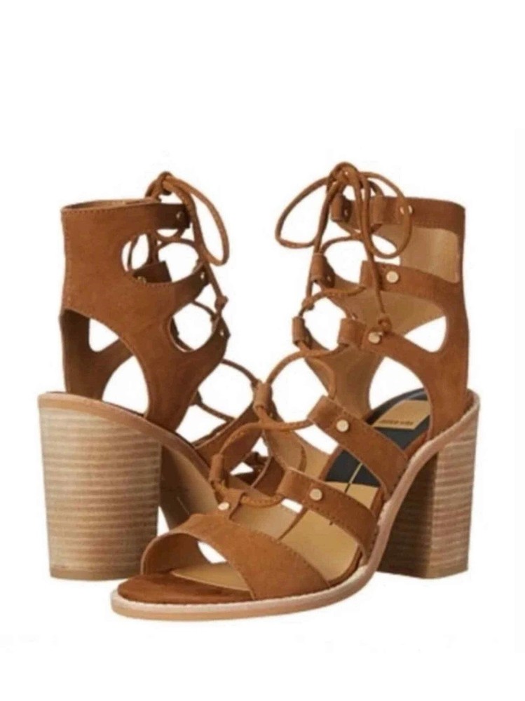 Dolce Vita Lyndon Sandals 9.5 Brown Suede Leather Block Heel Lace-Up Boho Chic
