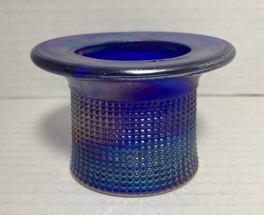 Vintage Imperial Glass Toothpick Holder Top Hat Blue Carnival Iridescent Votive