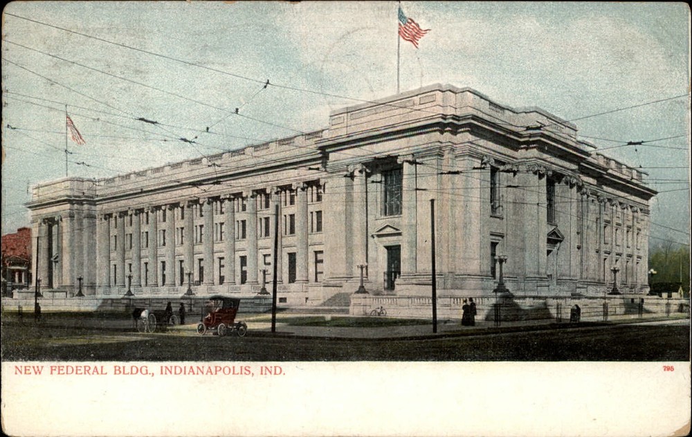 Federal Building Indianapolis antique car flag ~ mailed 1908 vintage postcard